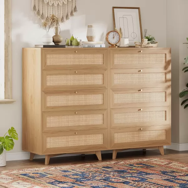VIAGDO Black Rattan Dresser for Bedroom 6 Drawer Dresser with Natural Rattan Drawers Wooden Wide Dresser with Gold Handles Modern Closet Dressers Chest of Drawers for Nursery Entryway Living RoomNatural