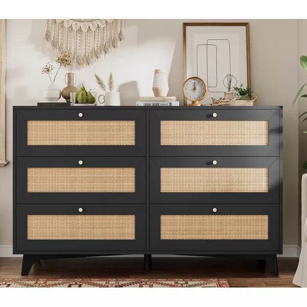 VIAGDO Black Rattan Dresser for Bedroom 6 Drawer Dresser with Natural Rattan Drawers Wooden Wide Dresser with Gold Handles Modern Closet Dressers Chest of Drawers for Nursery Entryway Living RoomBlack