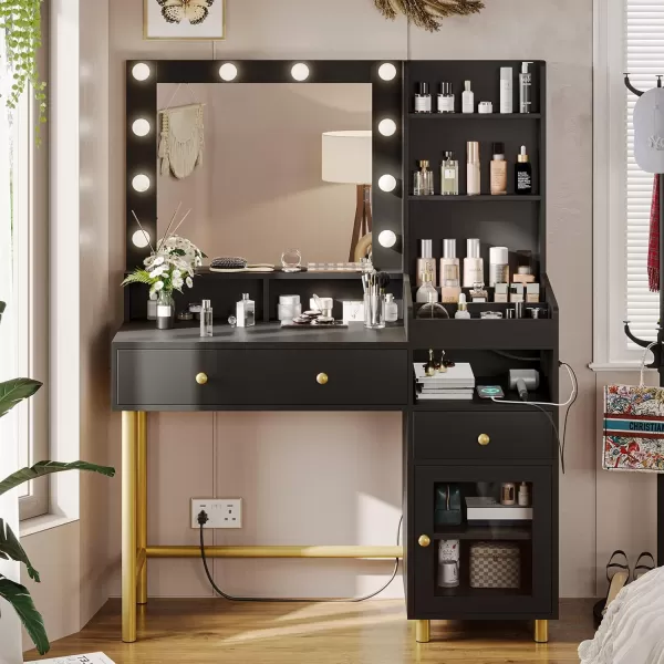 VIAGDO Black Vanity Desk with Mirror and Lights Makeup Vanity with Charging Station ampamp 3 Storage Compartments Makeup Desk with Drawers and Open Storage Shelves Bedroom Dressing TableModern Black