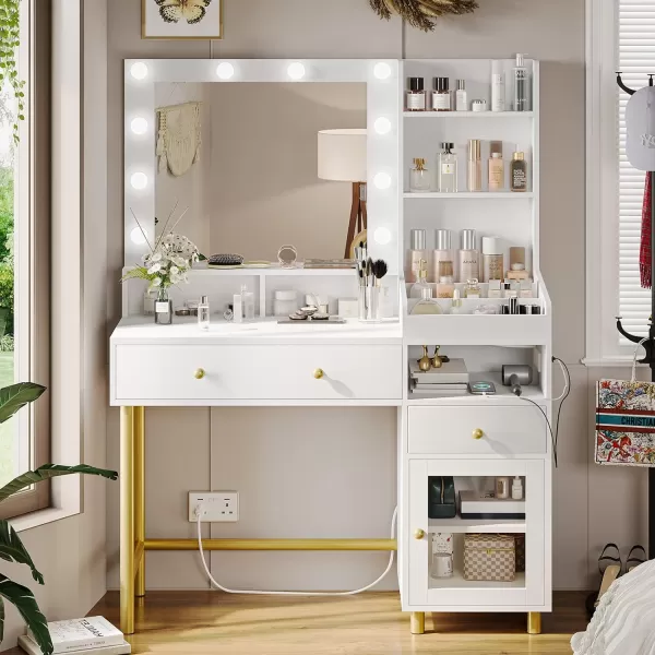 VIAGDO Black Vanity Desk with Mirror and Lights Makeup Vanity with Charging Station ampamp 3 Storage Compartments Makeup Desk with Drawers and Open Storage Shelves Bedroom Dressing TableModern White