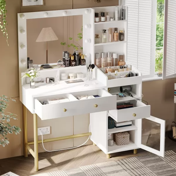 VIAGDO Black Vanity Desk with Mirror and Lights Makeup Vanity with Charging Station ampamp 3 Storage Compartments Makeup Desk with Drawers and Open Storage Shelves Bedroom Dressing TableModern White