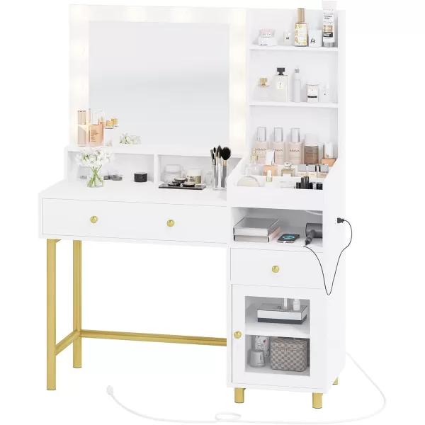 VIAGDO Black Vanity Desk with Mirror and Lights Makeup Vanity with Charging Station ampamp 3 Storage Compartments Makeup Desk with Drawers and Open Storage Shelves Bedroom Dressing TableModern White