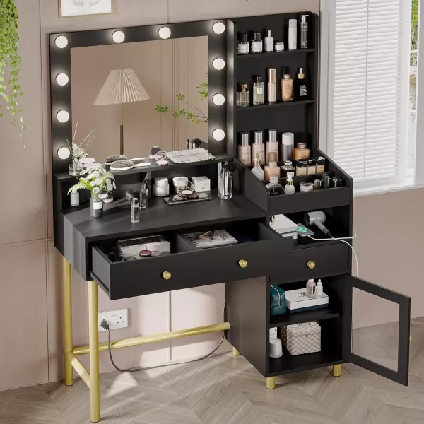 VIAGDO Black Vanity Desk with Mirror and Lights Makeup Vanity with Charging Station ampamp 3 Storage Compartments Makeup Desk with Drawers and Open Storage Shelves Bedroom Dressing TableModern Black