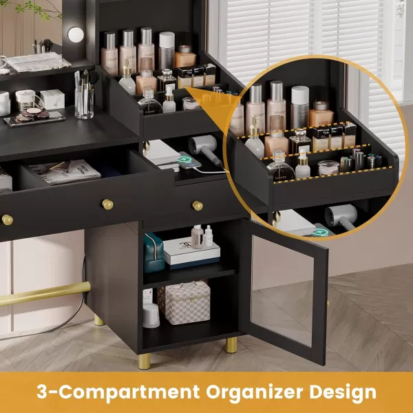 VIAGDO Black Vanity Desk with Mirror and Lights Makeup Vanity with Charging Station ampamp 3 Storage Compartments Makeup Desk with Drawers and Open Storage Shelves Bedroom Dressing TableModern Black