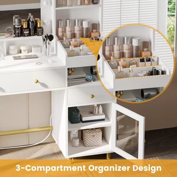 VIAGDO Black Vanity Desk with Mirror and Lights Makeup Vanity with Charging Station ampamp 3 Storage Compartments Makeup Desk with Drawers and Open Storage Shelves Bedroom Dressing TableModern White