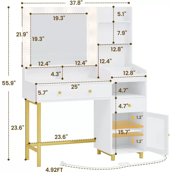 VIAGDO Black Vanity Desk with Mirror and Lights Makeup Vanity with Charging Station ampamp 3 Storage Compartments Makeup Desk with Drawers and Open Storage Shelves Bedroom Dressing TableModern White
