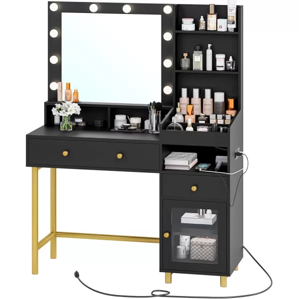 VIAGDO Black Vanity Desk with Mirror and Lights Makeup Vanity with Charging Station ampamp 3 Storage Compartments Makeup Desk with Drawers and Open Storage Shelves Bedroom Dressing TableModern Black