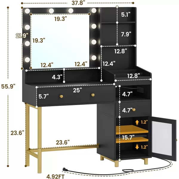 VIAGDO Black Vanity Desk with Mirror and Lights Makeup Vanity with Charging Station ampamp 3 Storage Compartments Makeup Desk with Drawers and Open Storage Shelves Bedroom Dressing TableModern Black