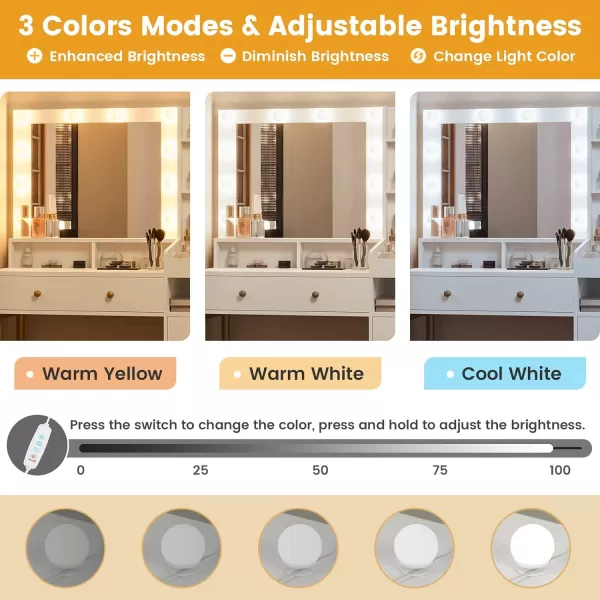 VIAGDO Black Vanity Desk with Mirror and Lights Makeup Vanity with Charging Station ampamp 3 Storage Compartments Makeup Desk with Drawers and Open Storage Shelves Bedroom Dressing TableModern White