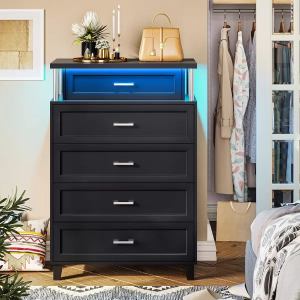 VIAGDO Dresser for Bedroom 6 Drawer Dresser with LED Light Modern Chest of Drawers Wood White Dresser for Living Room Entryway and HallwayBlack