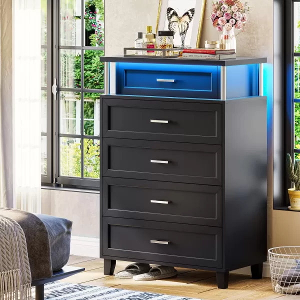 VIAGDO Dresser for Bedroom 6 Drawer Dresser with LED Light Modern Chest of Drawers Wood White Dresser for Living Room Entryway and HallwayBlack