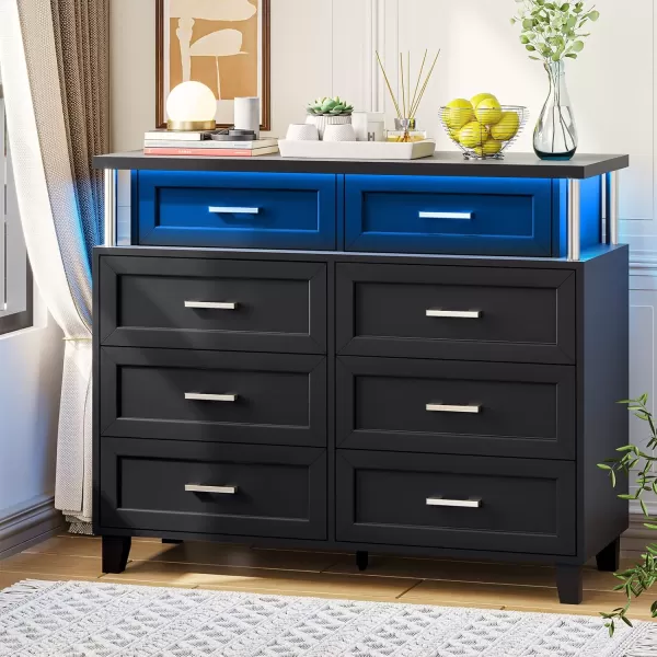 VIAGDO Dresser for Bedroom 6 Drawer Dresser with LED Light Modern Chest of Drawers Wood White Dresser for Living Room Entryway and HallwayBlack