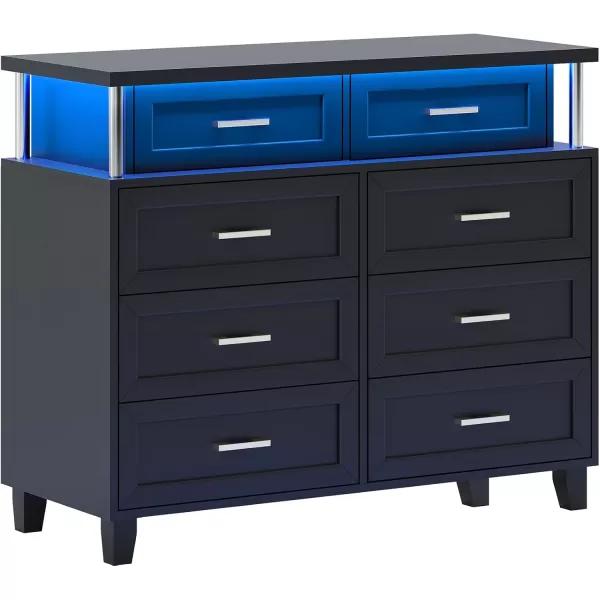 VIAGDO Dresser for Bedroom 6 Drawer Dresser with LED Light Modern Chest of Drawers Wood White Dresser for Living Room Entryway and HallwayBlack
