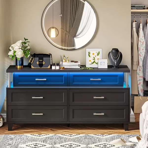 VIAGDO Dresser for Bedroom 6 Drawer Dresser with LED Light Modern Chest of Drawers Wood White Dresser for Living Room Entryway and HallwayBlack