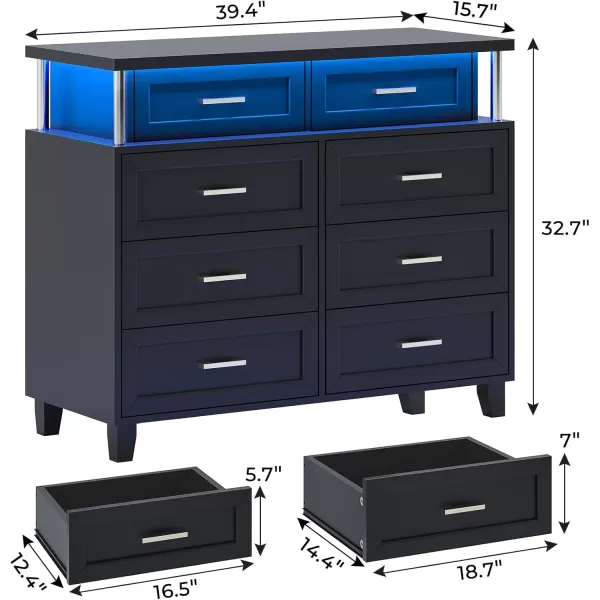 VIAGDO Dresser for Bedroom 6 Drawer Dresser with LED Light Modern Chest of Drawers Wood White Dresser for Living Room Entryway and HallwayBlack