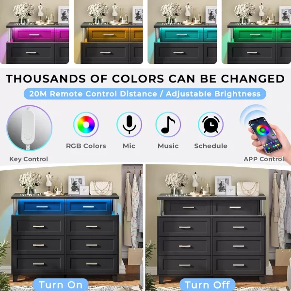 VIAGDO Dresser for Bedroom 6 Drawer Dresser with LED Light Modern Chest of Drawers Wood White Dresser for Living Room Entryway and HallwayBlack