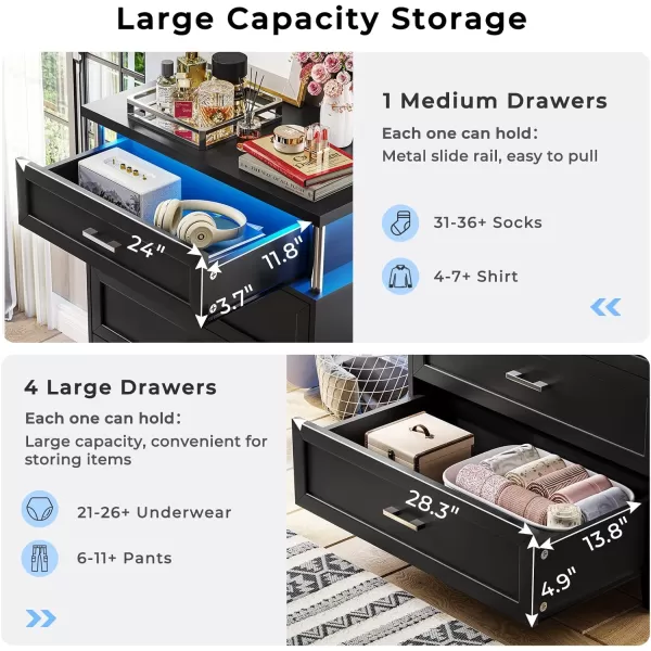 VIAGDO Dresser for Bedroom 6 Drawer Dresser with LED Light Modern Chest of Drawers Wood White Dresser for Living Room Entryway and HallwayBlack