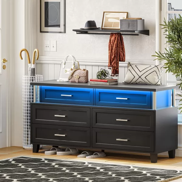 VIAGDO Dresser for Bedroom 6 Drawer Dresser with LED Light Modern Chest of Drawers Wood White Dresser for Living Room Entryway and HallwayBlack