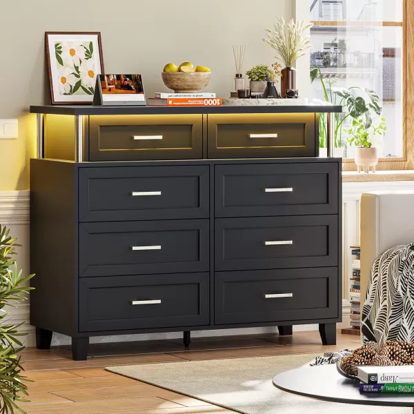 VIAGDO Dresser for Bedroom 6 Drawer Dresser with LED Light Modern Chest of Drawers Wood White Dresser for Living Room Entryway and HallwayBlack