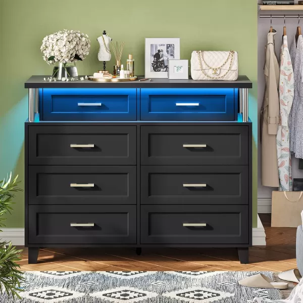 VIAGDO Dresser for Bedroom 6 Drawer Dresser with LED Light Modern Chest of Drawers Wood White Dresser for Living Room Entryway and HallwayBlack