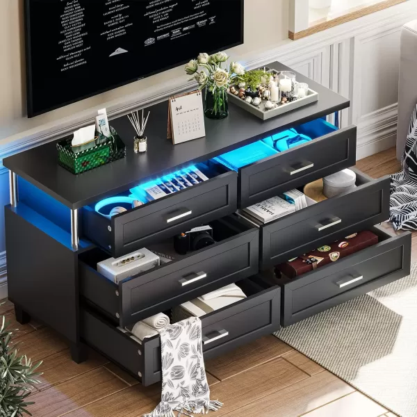 VIAGDO Dresser for Bedroom 6 Drawer Dresser with LED Light Modern Chest of Drawers Wood White Dresser for Living Room Entryway and HallwayBlack