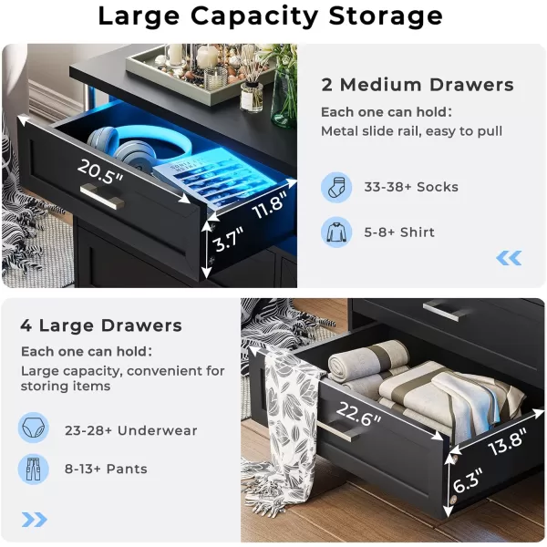 VIAGDO Dresser for Bedroom 6 Drawer Dresser with LED Light Modern Chest of Drawers Wood White Dresser for Living Room Entryway and HallwayBlack