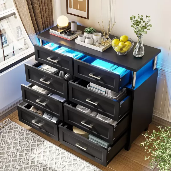 VIAGDO Dresser for Bedroom 6 Drawer Dresser with LED Light Modern Chest of Drawers Wood White Dresser for Living Room Entryway and HallwayBlack