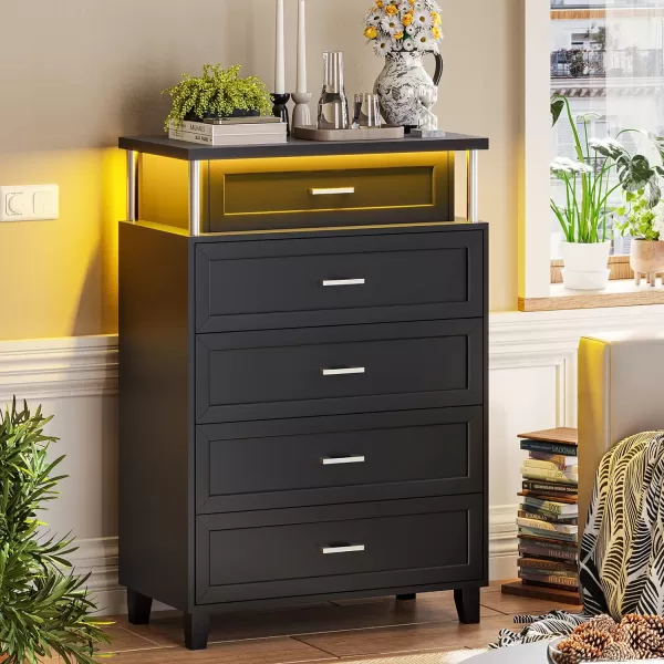 VIAGDO Dresser for Bedroom 6 Drawer Dresser with LED Light Modern Chest of Drawers Wood White Dresser for Living Room Entryway and HallwayBlack