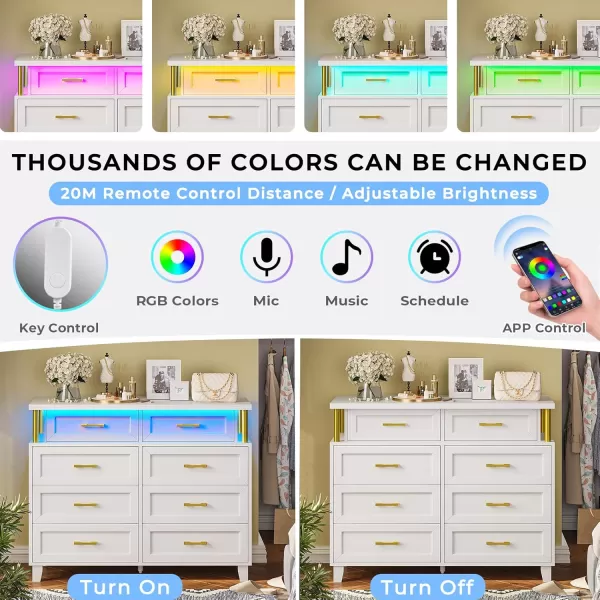 VIAGDO Dresser for Bedroom 6 Drawer Dresser with LED Light Modern Chest of Drawers Wood White Dresser for Living Room Entryway and HallwayWhite