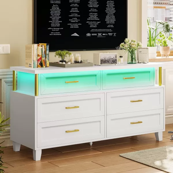 VIAGDO Dresser for Bedroom 6 Drawer Dresser with LED Light Modern Chest of Drawers Wood White Dresser for Living Room Entryway and HallwayWhite