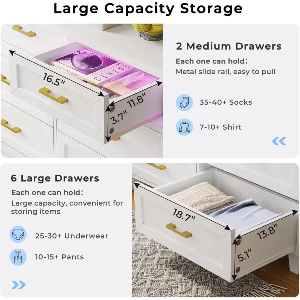VIAGDO Dresser for Bedroom 6 Drawer Dresser with LED Light Modern Chest of Drawers Wood White Dresser for Living Room Entryway and HallwayWhite