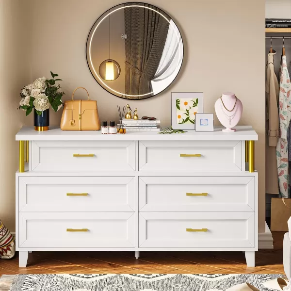 VIAGDO Dresser for Bedroom 6 Drawer Dresser with LED Light Modern Chest of Drawers Wood White Dresser for Living Room Entryway and HallwayWhite