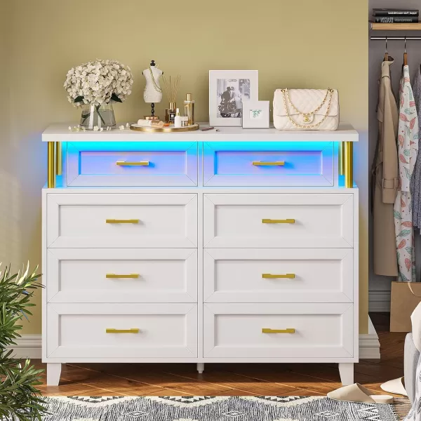 VIAGDO Dresser for Bedroom 6 Drawer Dresser with LED Light Modern Chest of Drawers Wood White Dresser for Living Room Entryway and HallwayWhite
