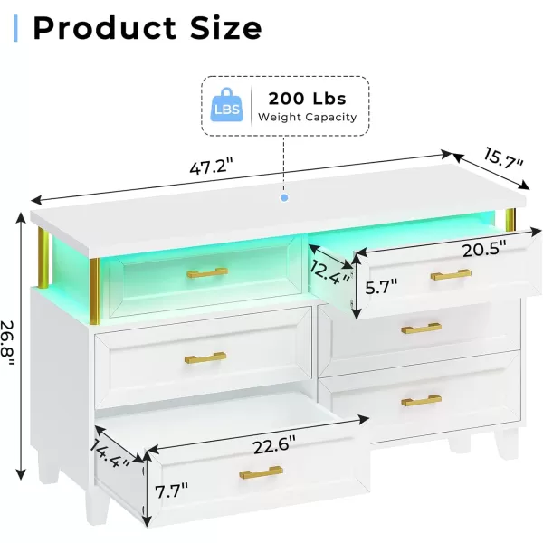 VIAGDO Dresser for Bedroom 6 Drawer Dresser with LED Light Modern Chest of Drawers Wood White Dresser for Living Room Entryway and HallwayWhite