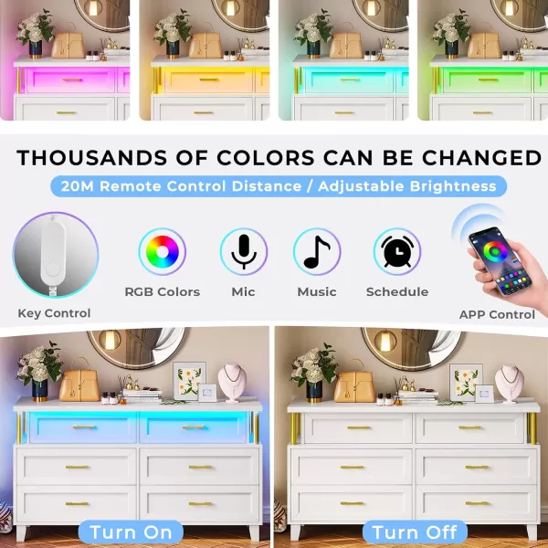VIAGDO Dresser for Bedroom 6 Drawer Dresser with LED Light Modern Chest of Drawers Wood White Dresser for Living Room Entryway and HallwayWhite
