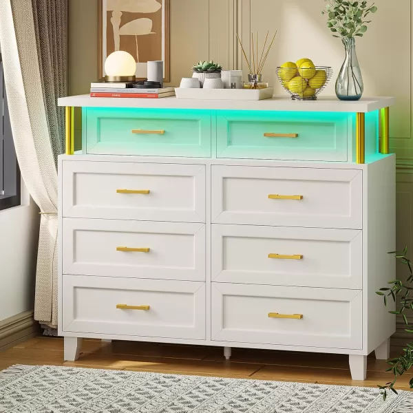VIAGDO Dresser for Bedroom 6 Drawer Dresser with LED Light Modern Chest of Drawers Wood White Dresser for Living Room Entryway and HallwayWhite