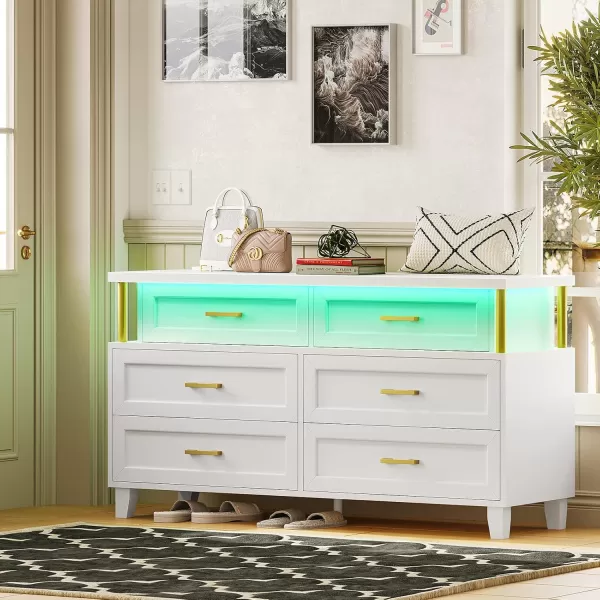 VIAGDO Dresser for Bedroom 6 Drawer Dresser with LED Light Modern Chest of Drawers Wood White Dresser for Living Room Entryway and HallwayWhite
