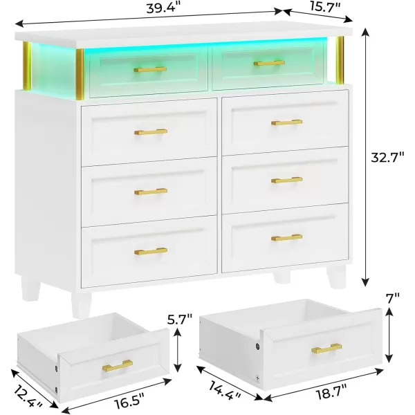 VIAGDO Dresser for Bedroom 6 Drawer Dresser with LED Light Modern Chest of Drawers Wood White Dresser for Living Room Entryway and HallwayWhite