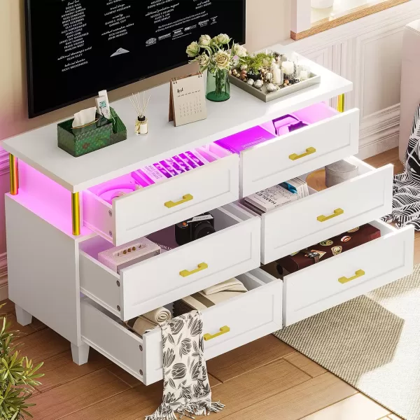 VIAGDO Dresser for Bedroom 6 Drawer Dresser with LED Light Modern Chest of Drawers Wood White Dresser for Living Room Entryway and HallwayWhite