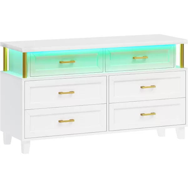 VIAGDO Dresser for Bedroom 6 Drawer Dresser with LED Light Modern Chest of Drawers Wood White Dresser for Living Room Entryway and HallwayWhite