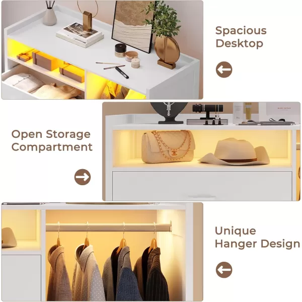 VIAGDO Dresser for Bedroom with Clothes Rail Chest of 4 Drawers with LED Lights Modern White Dresser with Open Storage Space for Bedroom Entryway Large CapacityWhite