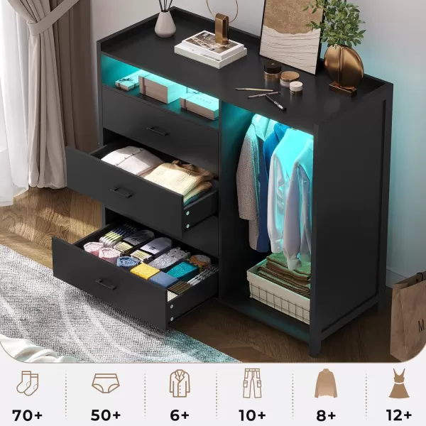 VIAGDO Dresser for Bedroom with Clothes Rail Chest of 4 Drawers with LED Lights Modern White Dresser with Open Storage Space for Bedroom Entryway Large CapacityBlack