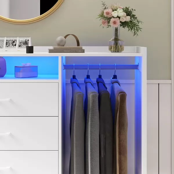 VIAGDO Dresser for Bedroom with Clothes Rail Chest of 4 Drawers with LED Lights Modern White Dresser with Open Storage Space for Bedroom Entryway Large CapacityWhite