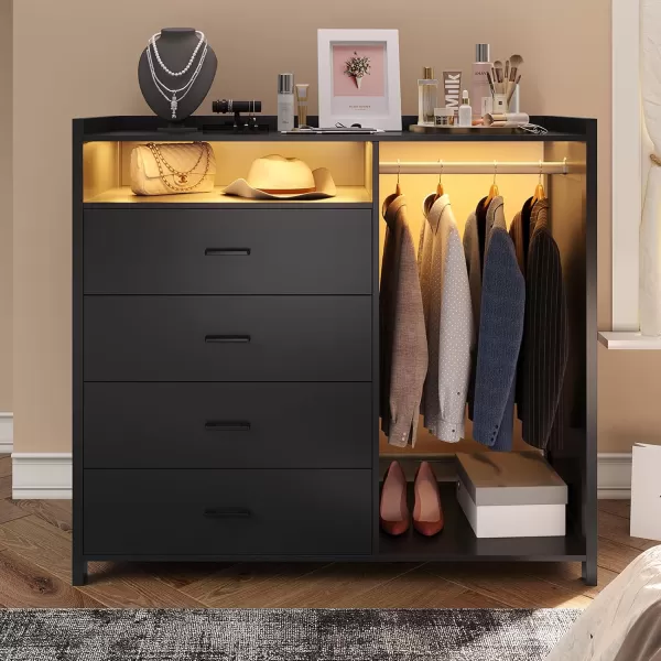 VIAGDO Dresser for Bedroom with Clothes Rail Chest of 4 Drawers with LED Lights Modern White Dresser with Open Storage Space for Bedroom Entryway Large CapacityBlack