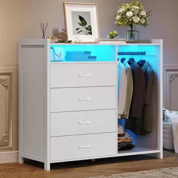 VIAGDO Dresser for Bedroom with Clothes Rail Chest of 4 Drawers with LED Lights Modern White Dresser with Open Storage Space for Bedroom Entryway Large CapacityWhite