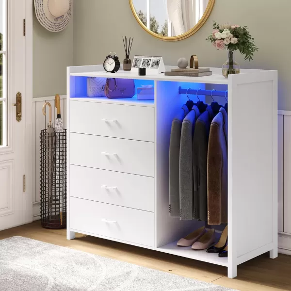 VIAGDO Dresser for Bedroom with Clothes Rail Chest of 4 Drawers with LED Lights Modern White Dresser with Open Storage Space for Bedroom Entryway Large CapacityWhite