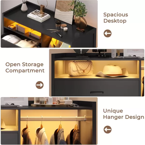 VIAGDO Dresser for Bedroom with Clothes Rail Chest of 4 Drawers with LED Lights Modern White Dresser with Open Storage Space for Bedroom Entryway Large CapacityBlack