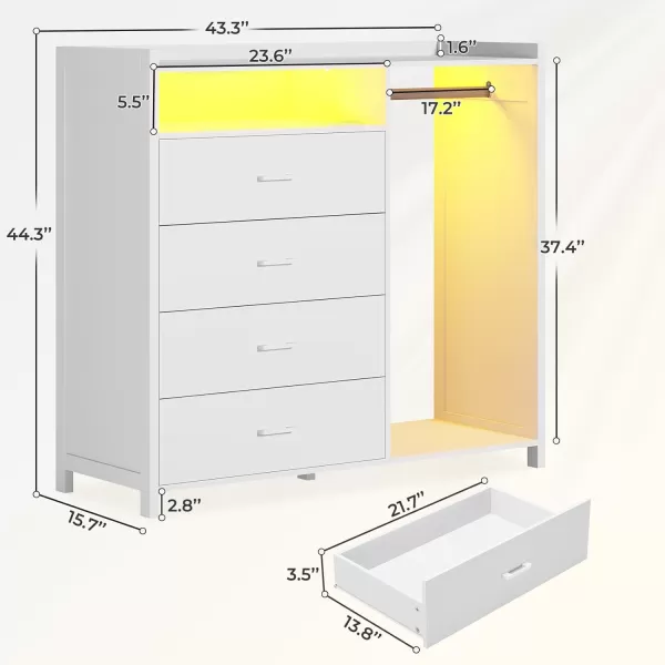 VIAGDO Dresser for Bedroom with Clothes Rail Chest of 4 Drawers with LED Lights Modern White Dresser with Open Storage Space for Bedroom Entryway Large CapacityWhite