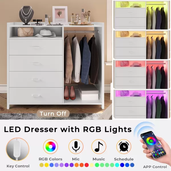 VIAGDO Dresser for Bedroom with Clothes Rail Chest of 4 Drawers with LED Lights Modern White Dresser with Open Storage Space for Bedroom Entryway Large CapacityWhite