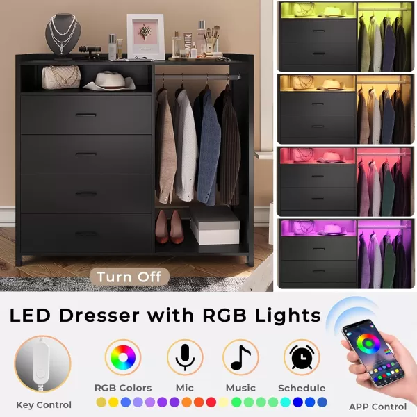 VIAGDO Dresser for Bedroom with Clothes Rail Chest of 4 Drawers with LED Lights Modern White Dresser with Open Storage Space for Bedroom Entryway Large CapacityBlack
